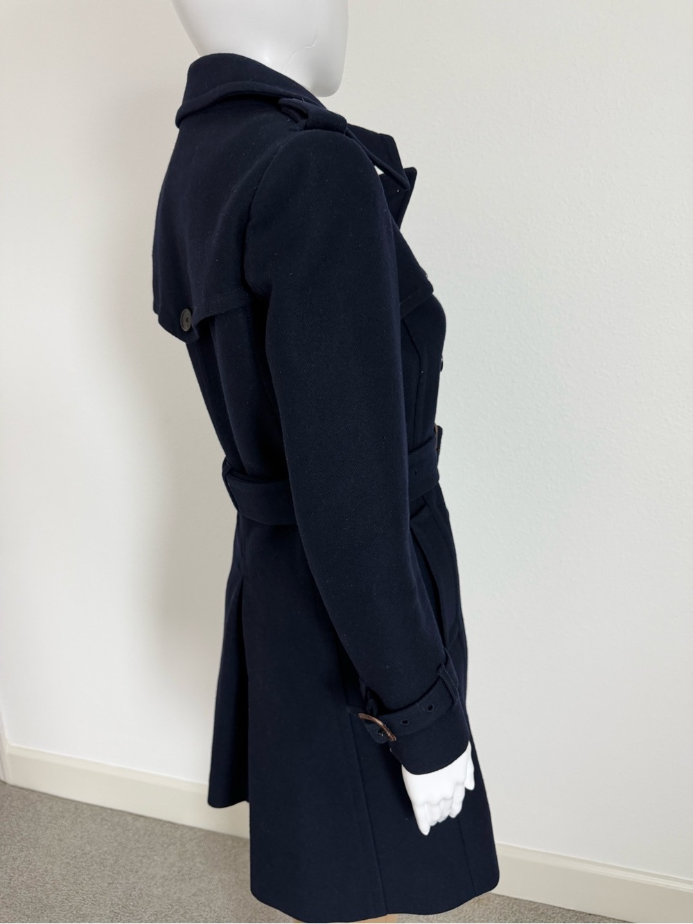 Classic Navy Double-Breasted Wool Cashmere Blend Icon Trench Coat with Belt - Picture 5 of 9